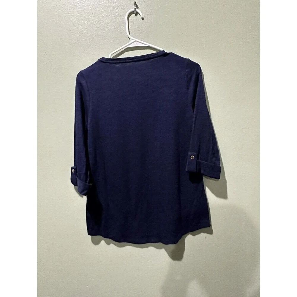 Belle by Kim Gravel Slub Knit Utility Sleeve Top Women's Sz XXS Blue Roll Tab‌‌ - Picture 4 of 6